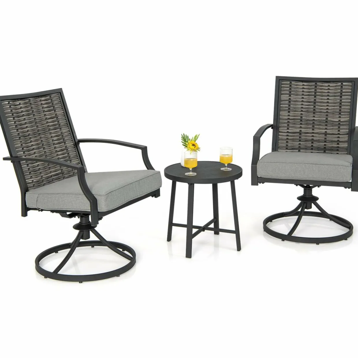 Tangkula 3 Piece Patio Swivel Chair Set, Wicker Swivel Chairs