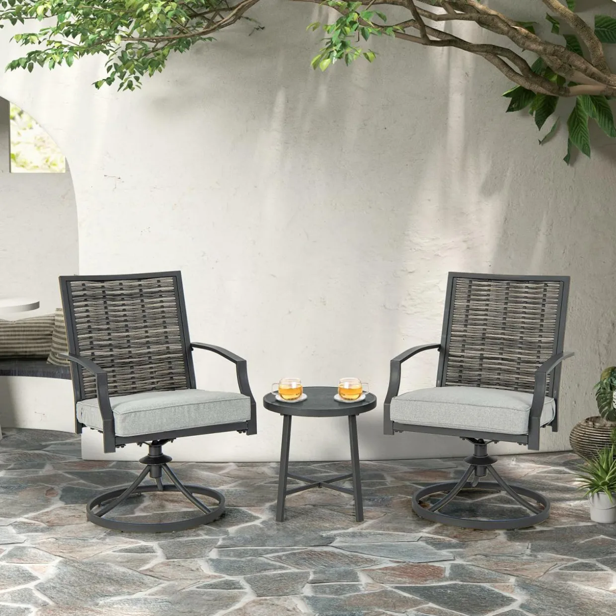 Tangkula 3 Piece Patio Swivel Chair Set, Wicker Swivel Chairs