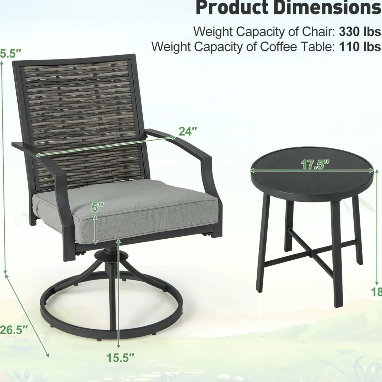 Tangkula 3 Piece Patio Swivel Chair Set, Wicker Swivel Chairs