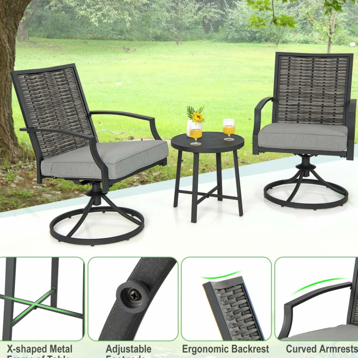 Tangkula 3 Piece Patio Swivel Chair Set, Wicker Swivel Chairs