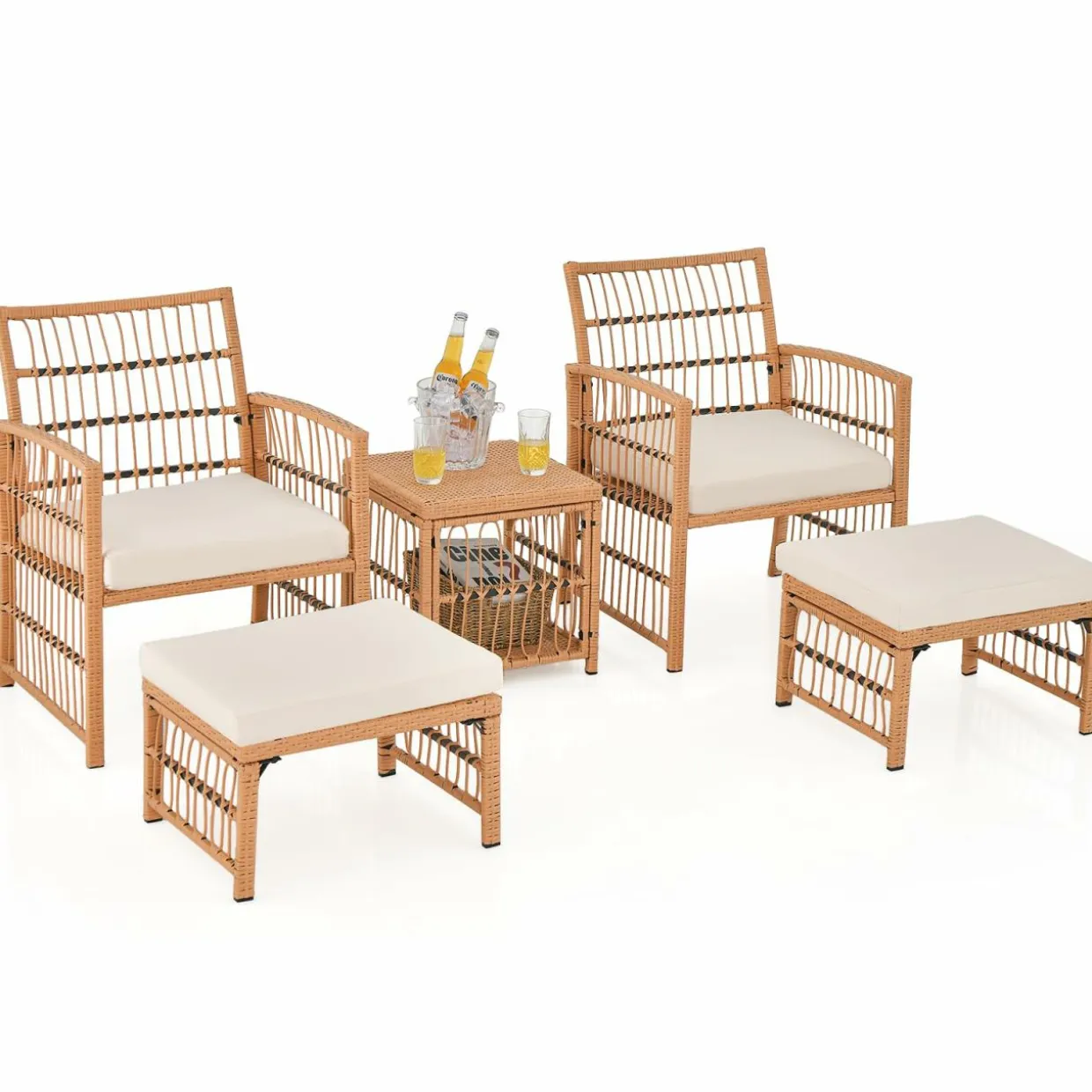 Tangkula 5 Piece Patio Wicker Sofa Set, Outdoor Rattan Conversation Set with Seat & Back Cushions (Natural)