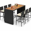 Tangkula 7 Piece Patio Wicker Bar Set, Patiojoy Outdoor Acacia Wood Bar Height Table & 6 Rattan Bar Stool Chairs