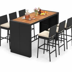 Tangkula 7 Piece Patio Wicker Bar Set, Patiojoy Outdoor Acacia Wood Bar Height Table & 6 Rattan Bar Stool Chairs