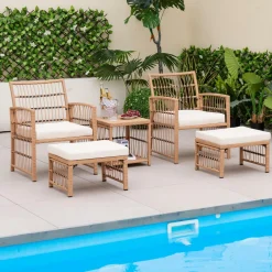 Tangkula 5 Piece Patio Wicker Sofa Set, Outdoor Rattan Conversation Set with Seat & Back Cushions (Natural)