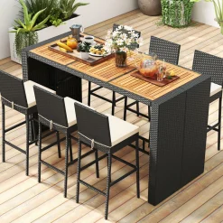 Tangkula 7 Piece Patio Wicker Bar Set, Patiojoy Outdoor Acacia Wood Bar Height Table & 6 Rattan Bar Stool Chairs