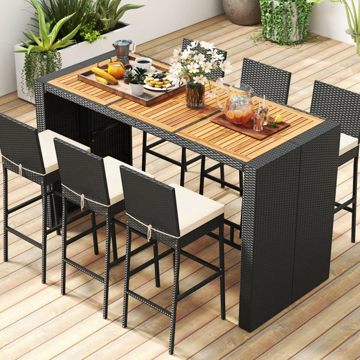 Tangkula 7 Piece Patio Wicker Bar Set, Patiojoy Outdoor Acacia Wood Bar Height Table & 6 Rattan Bar Stool Chairs