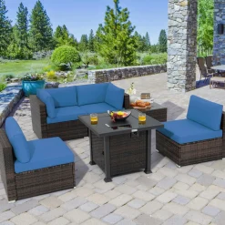 Tangkula 6 Piece Patio Wicker Conversation Set, Outdoor Rattan Sofa Set