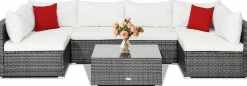 Tangkula 7 Piece Patio Wicker Furniture Set, Sofa Set for 6 with Seat, 2 Throw Pillows