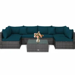 Tangkula 7 Piece Patio Wicker Furniture Set, Sofa Set for 6 with Seat, 2 Throw Pillows