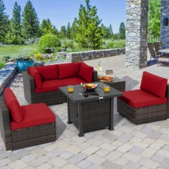 Tangkula 6 Piece Patio Wicker Conversation Set, Outdoor Rattan Sofa Set