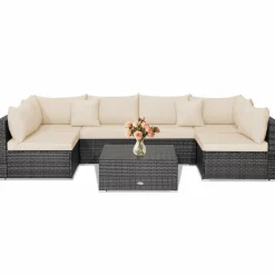 Tangkula 7 Piece Patio Wicker Furniture Set, Sofa Set for 6 with Seat, 2 Throw Pillows