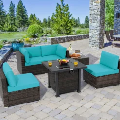 Tangkula 6 Piece Patio Wicker Conversation Set, Outdoor Rattan Sofa Set