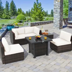 Tangkula 6 Piece Patio Wicker Conversation Set, Outdoor Rattan Sofa Set