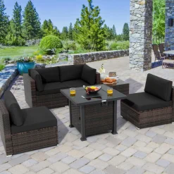 Tangkula 6 Piece Patio Wicker Conversation Set, Outdoor Rattan Sofa Set