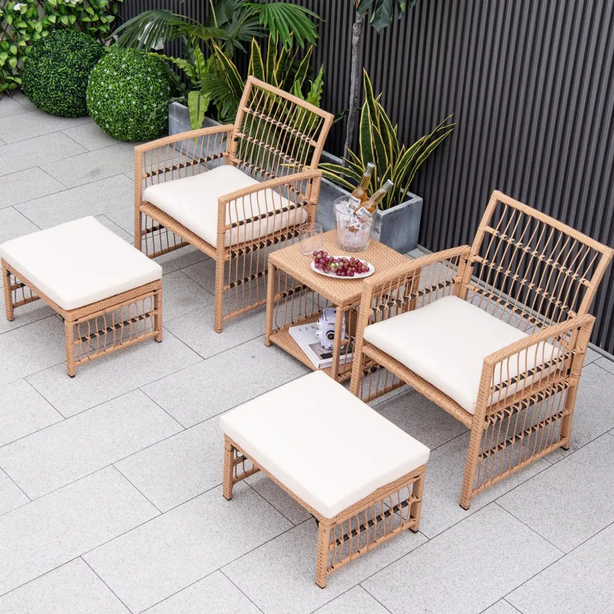 Tangkula 5 Piece Patio Wicker Sofa Set, Outdoor Rattan Conversation Set with Seat & Back Cushions (Natural)