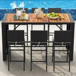 Tangkula 7 Piece Patio Wicker Bar Set, Patiojoy Outdoor Acacia Wood Bar Height Table & 6 Rattan Bar Stool Chairs