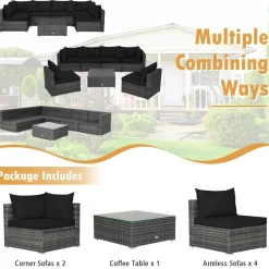 Tangkula 7 Piece Patio Wicker Furniture Set, Sofa Set for 6 with Seat, 2 Throw Pillows