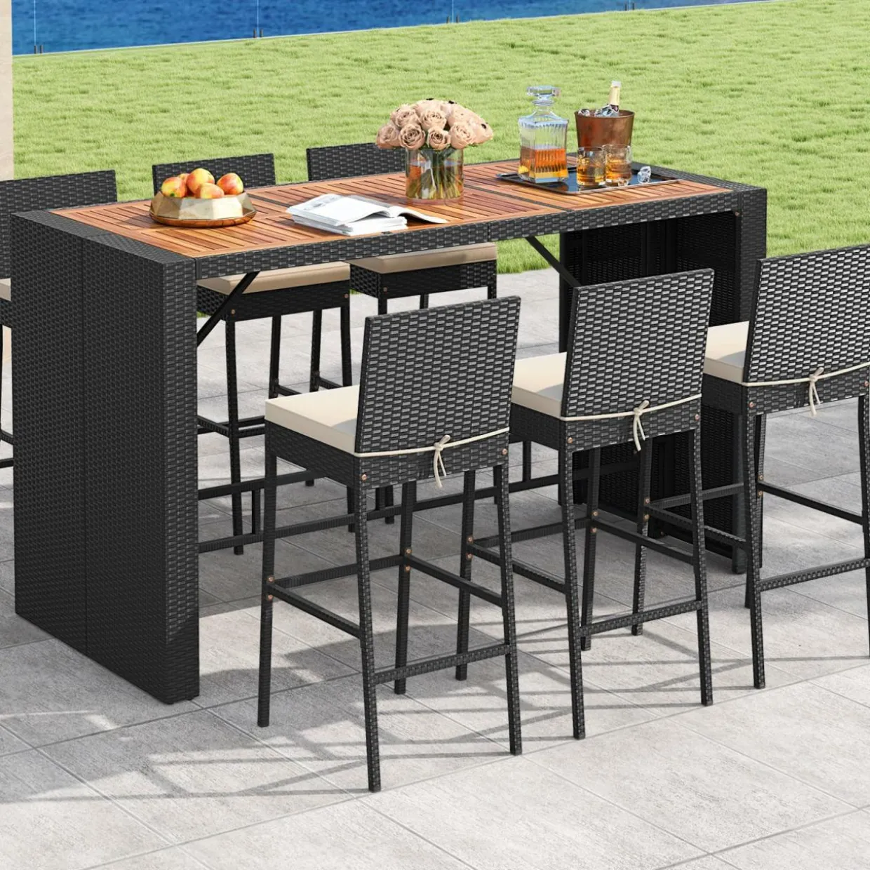 Tangkula 7 Piece Patio Wicker Bar Set, Patiojoy Outdoor Acacia Wood Bar Height Table & 6 Rattan Bar Stool Chairs