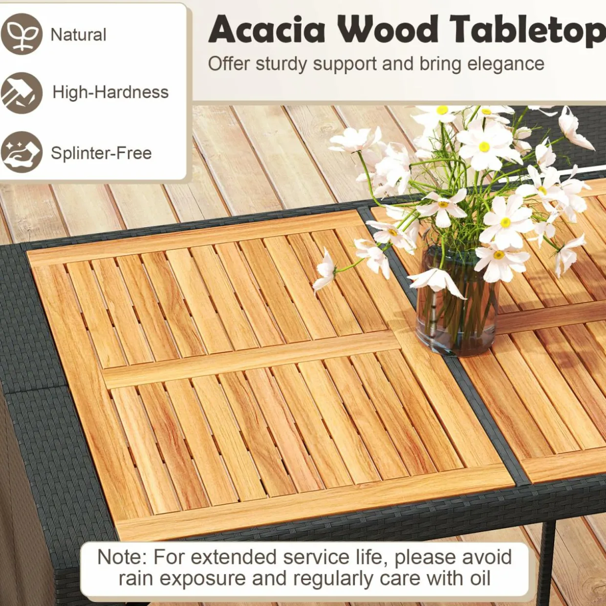 Tangkula 7 Piece Patio Wicker Bar Set, Patiojoy Outdoor Acacia Wood Bar Height Table & 6 Rattan Bar Stool Chairs