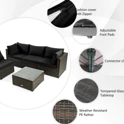 Tangkula 6 Piece Patio Wicker Conversation Set, Outdoor Rattan Sofa Set