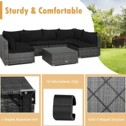 Tangkula 7 Piece Patio Wicker Furniture Set, Sofa Set for 6 with Seat, 2 Throw Pillows
