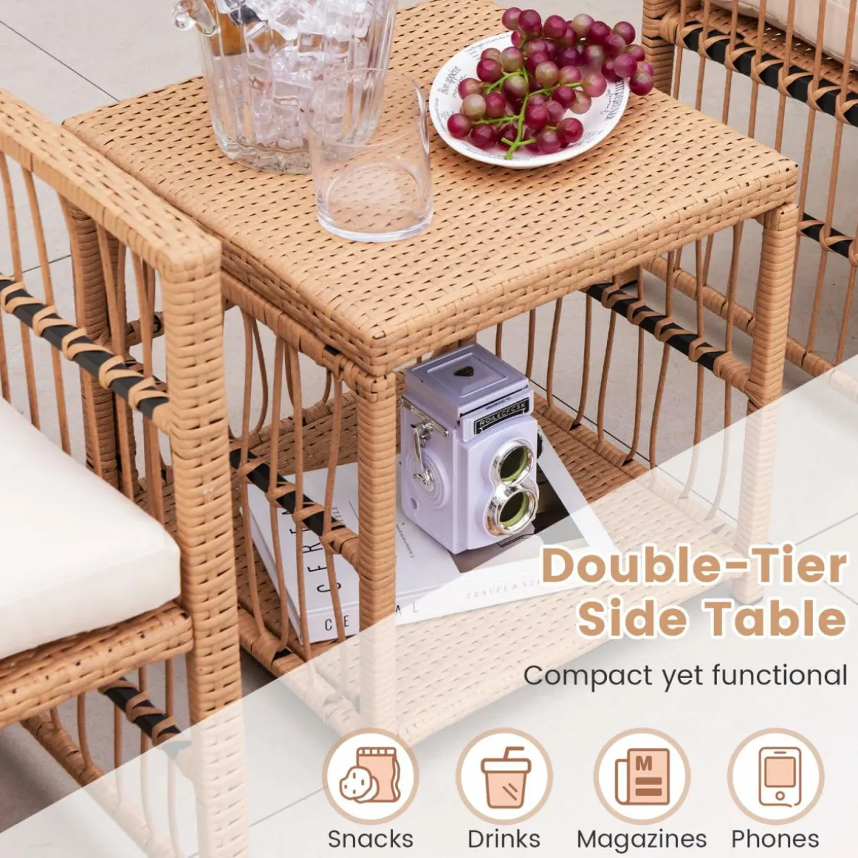 Tangkula 5 Piece Patio Wicker Sofa Set, Outdoor Rattan Conversation Set with Seat & Back Cushions (Natural)