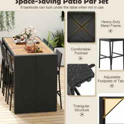 Tangkula 7 Piece Patio Wicker Bar Set, Patiojoy Outdoor Acacia Wood Bar Height Table & 6 Rattan Bar Stool Chairs