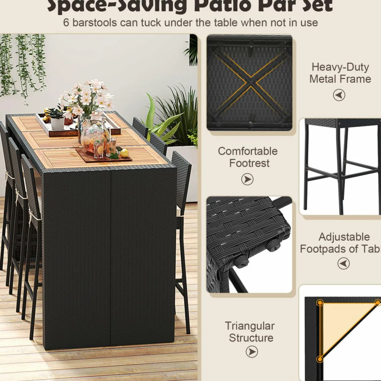 Tangkula 7 Piece Patio Wicker Bar Set, Patiojoy Outdoor Acacia Wood Bar Height Table & 6 Rattan Bar Stool Chairs