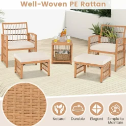 Tangkula 5 Piece Patio Wicker Sofa Set, Outdoor Rattan Conversation Set with Seat & Back Cushions (Natural)