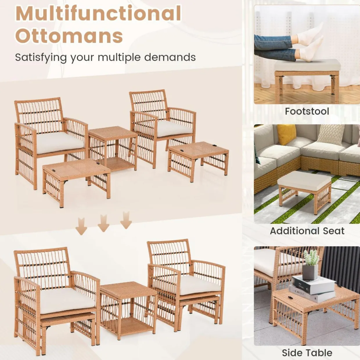 Tangkula 5 Piece Patio Wicker Sofa Set, Outdoor Rattan Conversation Set with Seat & Back Cushions (Natural)