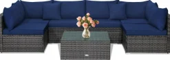 Tangkula 7 Piece Patio Wicker Furniture Set, Sofa Set for 6 with Seat, 2 Throw Pillows
