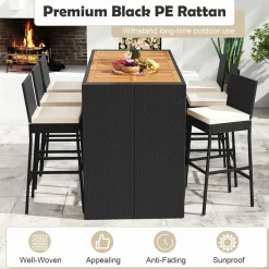Tangkula 7 Piece Patio Wicker Bar Set, Patiojoy Outdoor Acacia Wood Bar Height Table & 6 Rattan Bar Stool Chairs
