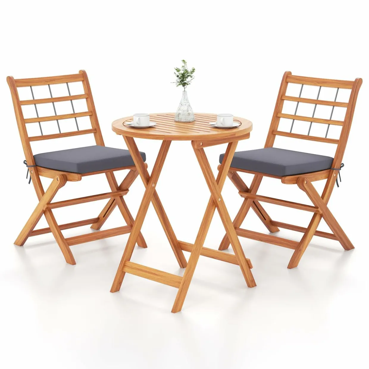 Tangkula 3 Piece Patio Wood Bistro Set, Folding Table Chair Set w/Soft Seat Cushions