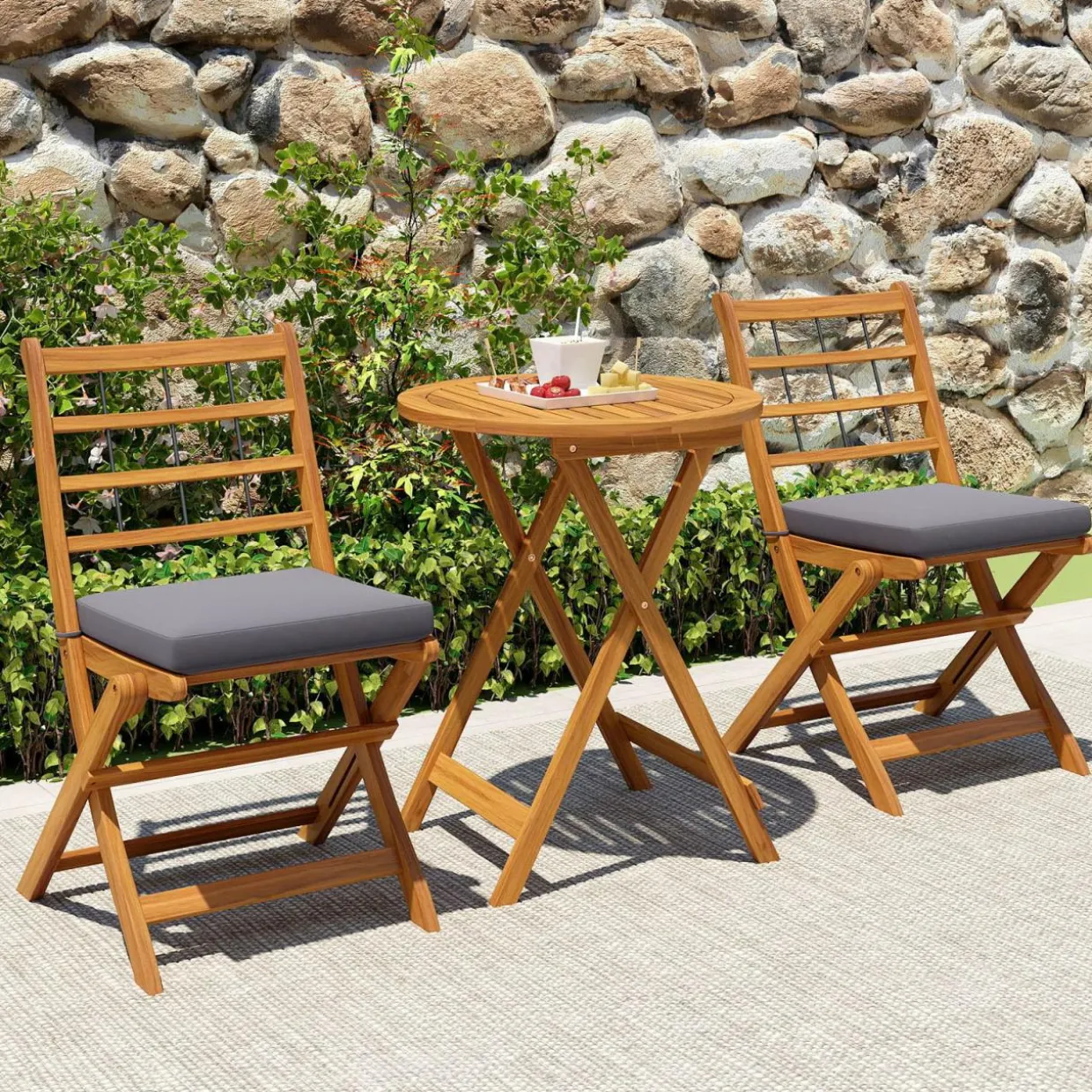 Tangkula 3 Piece Patio Wood Bistro Set, Folding Table Chair Set w/Soft Seat Cushions