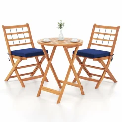 Tangkula 3 Piece Patio Wood Bistro Set, Folding Table Chair Set w/Soft Seat Cushions