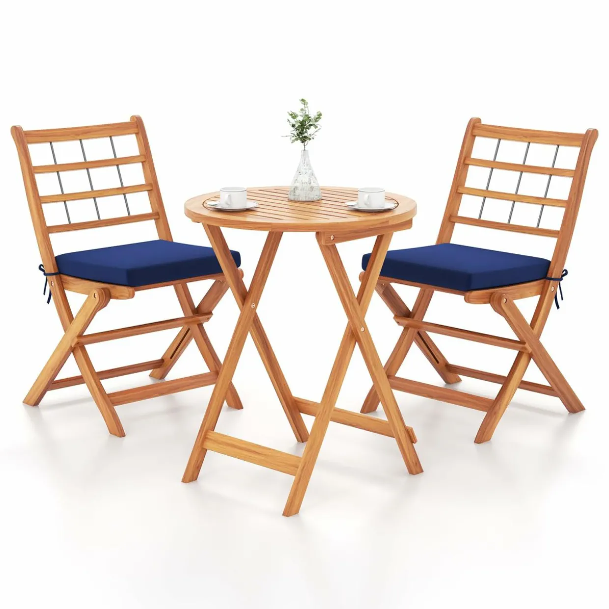 Tangkula 3 Piece Patio Wood Bistro Set, Folding Table Chair Set w/Soft Seat Cushions