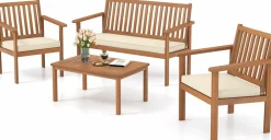 Tangkula 4 Piece Patio Wood Furniture Set, Acacia Wood Sofa Set w/Loveseat, 2 Chairs & Coffee Table