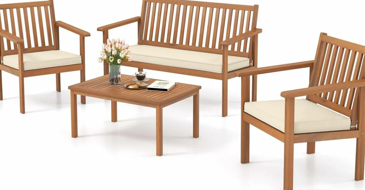 Tangkula 4 Piece Patio Wood Furniture Set, Acacia Wood Sofa Set w/Loveseat, 2 Chairs & Coffee Table