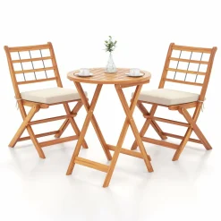 Tangkula 3 Piece Patio Wood Bistro Set, Folding Table Chair Set w/Soft Seat Cushions