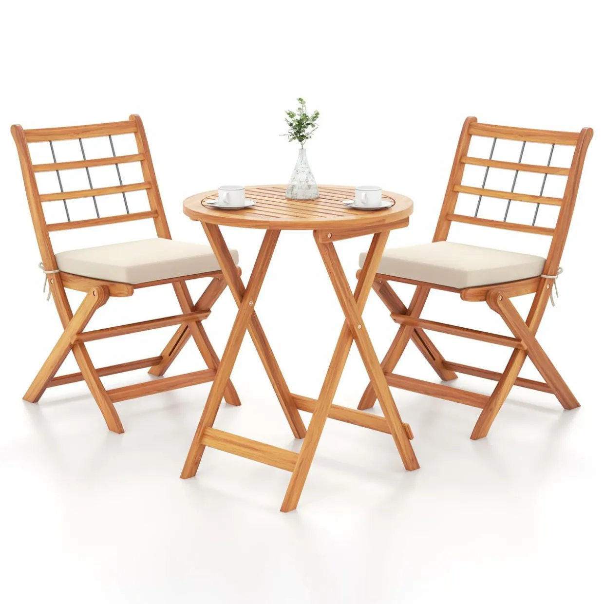 Tangkula 3 Piece Patio Wood Bistro Set, Folding Table Chair Set w/Soft Seat Cushions