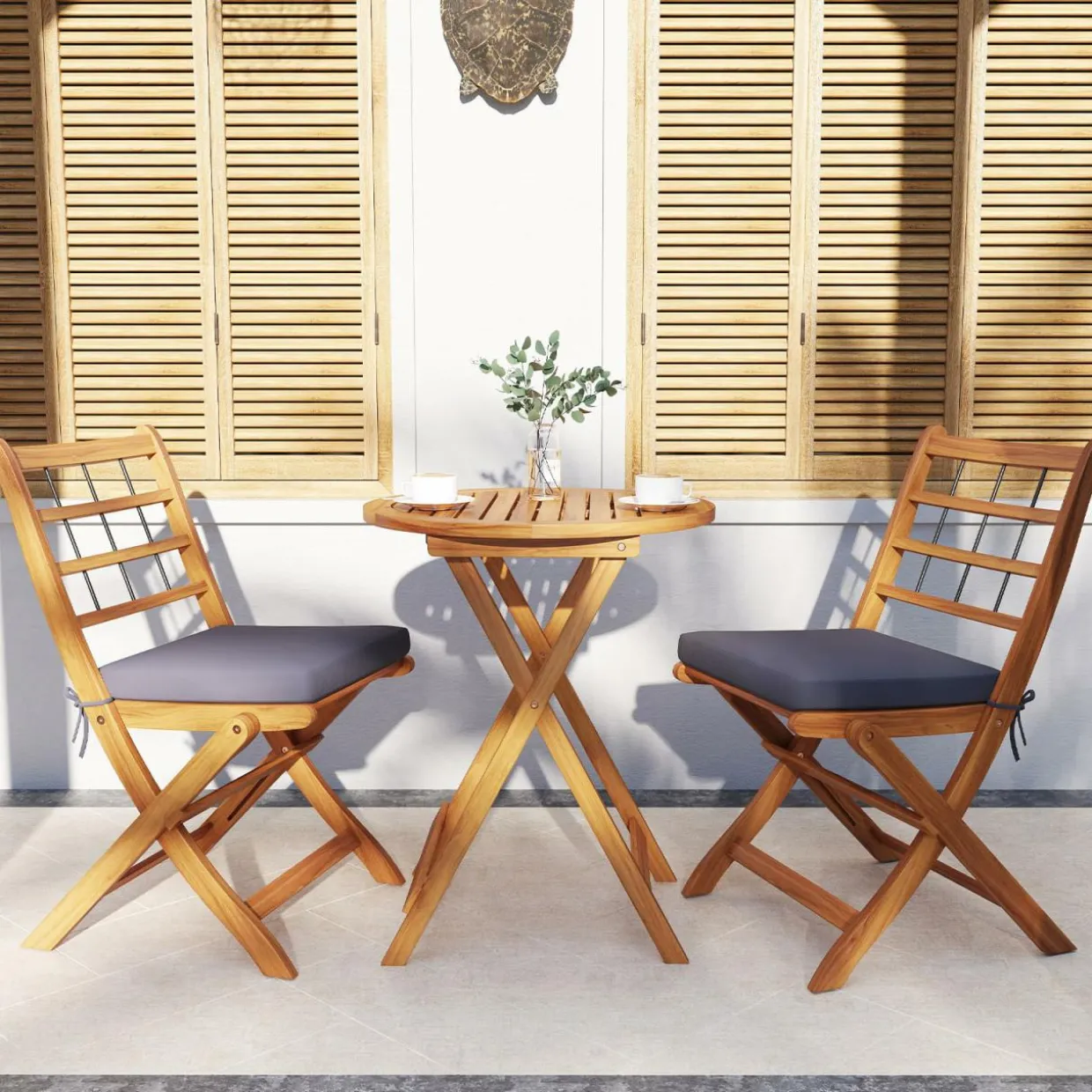 Tangkula 3 Piece Patio Wood Bistro Set, Folding Table Chair Set w/Soft Seat Cushions