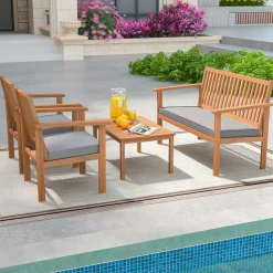 Tangkula 4 Piece Patio Wood Furniture Set, Acacia Wood Sofa Set w/Loveseat, 2 Chairs & Coffee Table