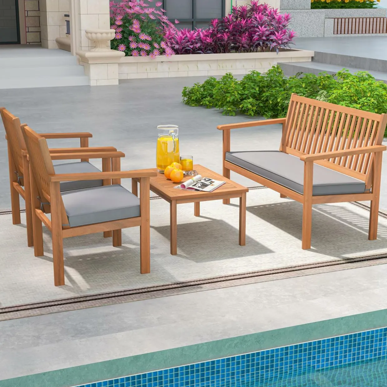 Tangkula 4 Piece Patio Wood Furniture Set, Acacia Wood Sofa Set w/Loveseat, 2 Chairs & Coffee Table
