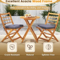 Tangkula 3 Piece Patio Wood Bistro Set, Folding Table Chair Set w/Soft Seat Cushions