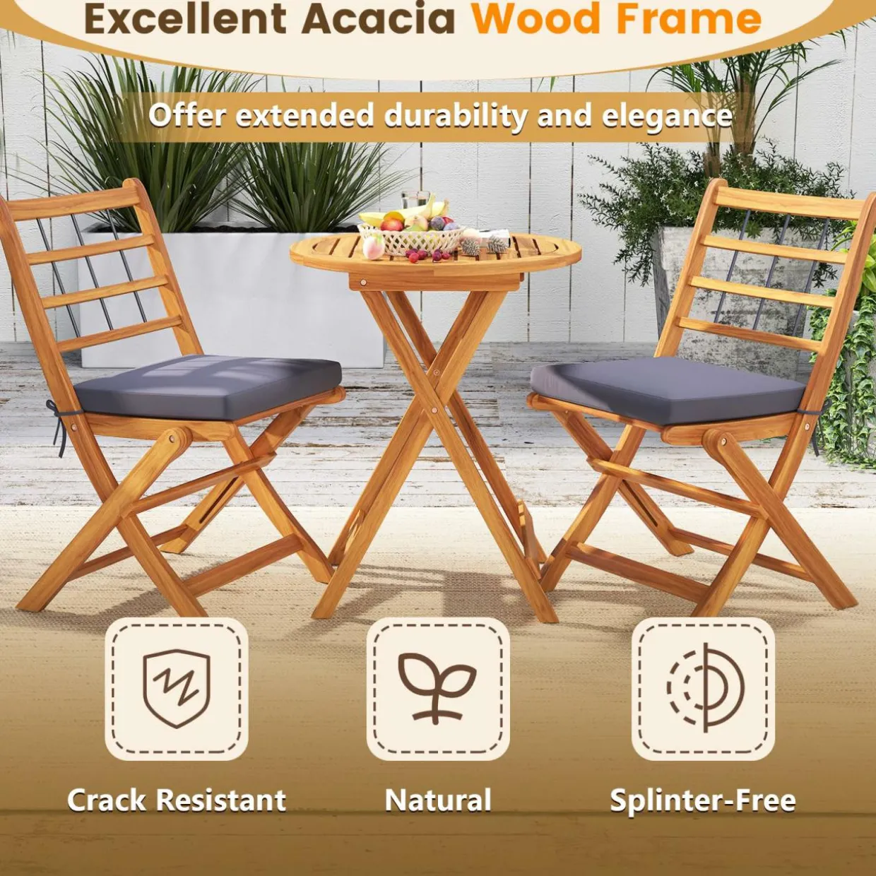 Tangkula 3 Piece Patio Wood Bistro Set, Folding Table Chair Set w/Soft Seat Cushions