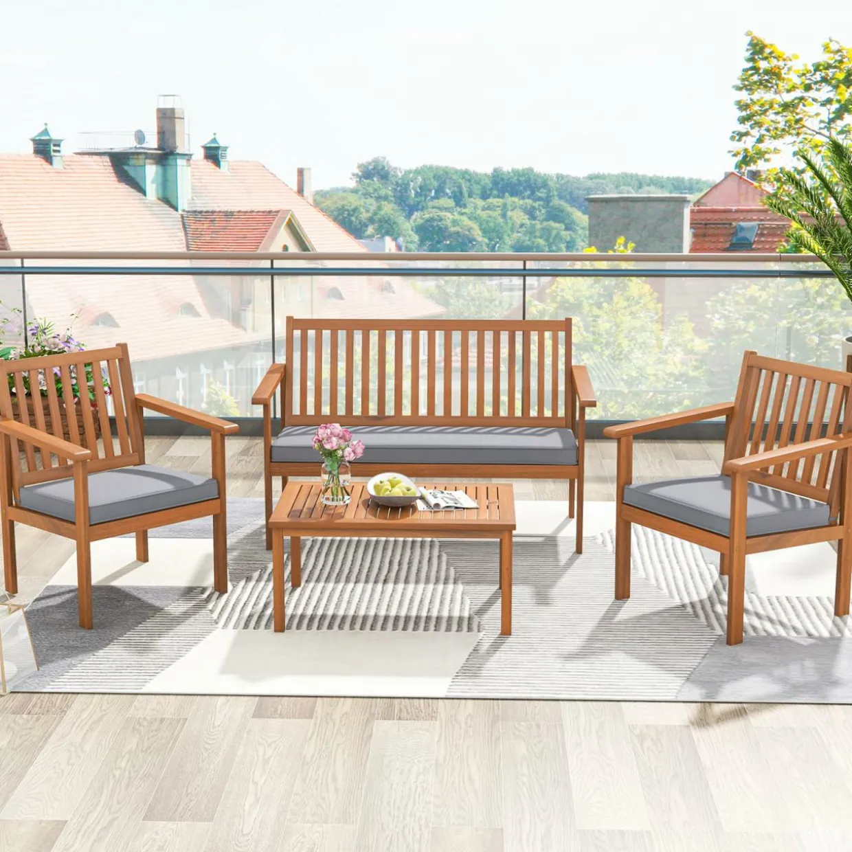 Tangkula 4 Piece Patio Wood Furniture Set, Acacia Wood Sofa Set w/Loveseat, 2 Chairs & Coffee Table