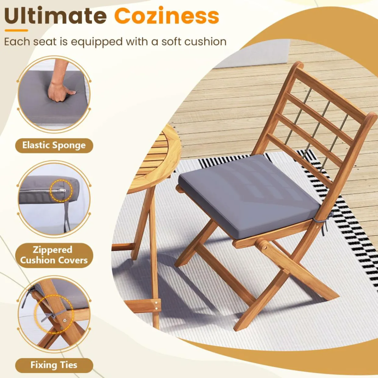 Tangkula 3 Piece Patio Wood Bistro Set, Folding Table Chair Set w/Soft Seat Cushions