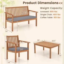 Tangkula 4 Piece Patio Wood Furniture Set, Acacia Wood Sofa Set w/Loveseat, 2 Chairs & Coffee Table