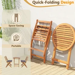 Tangkula 3 Piece Patio Wood Bistro Set, Folding Table Chair Set w/Soft Seat Cushions