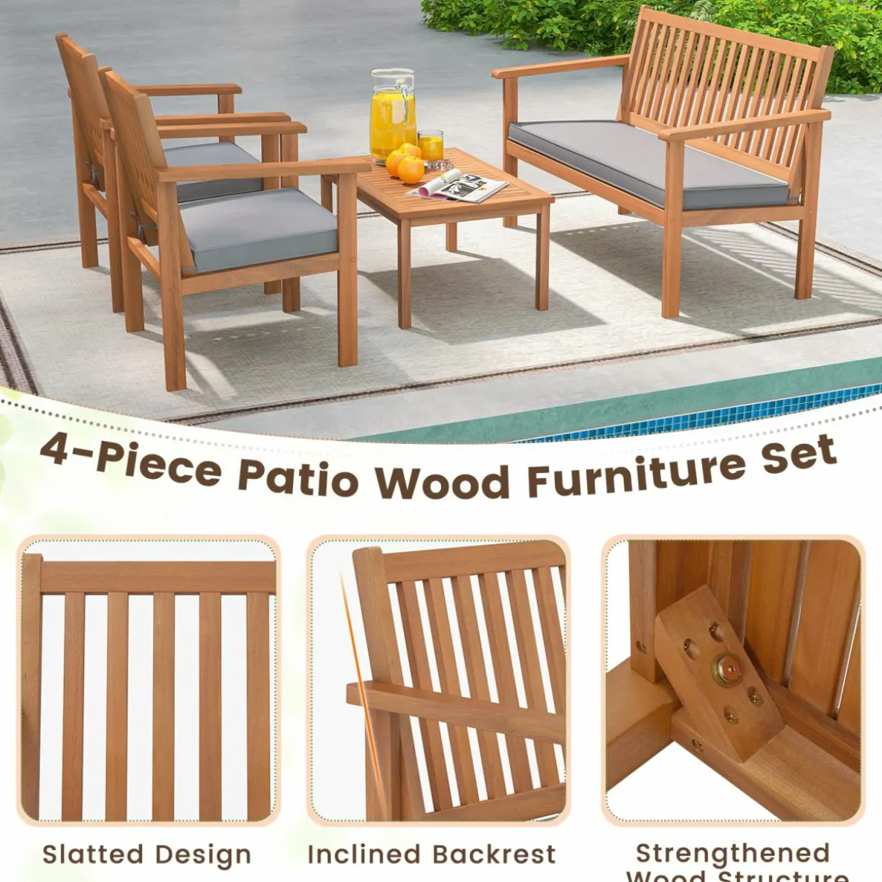 Tangkula 4 Piece Patio Wood Furniture Set, Acacia Wood Sofa Set w/Loveseat, 2 Chairs & Coffee Table